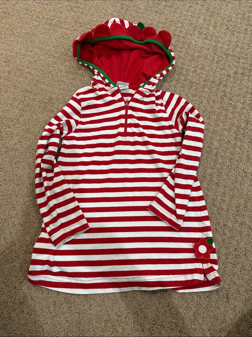 Florence Eiseman Red & White Striped Hooded Zip Tunic with Green Trim